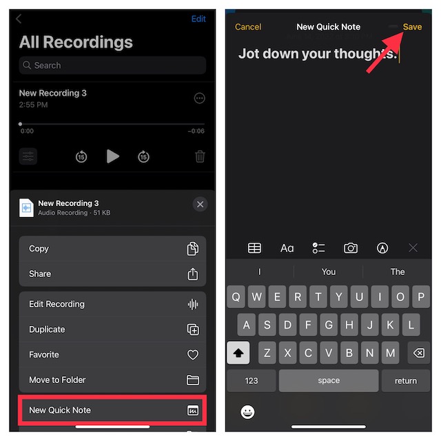 iPhoneలో వాయిస్ మెమోల నుండి త్వరిత గమనికను ఉపయోగించండి